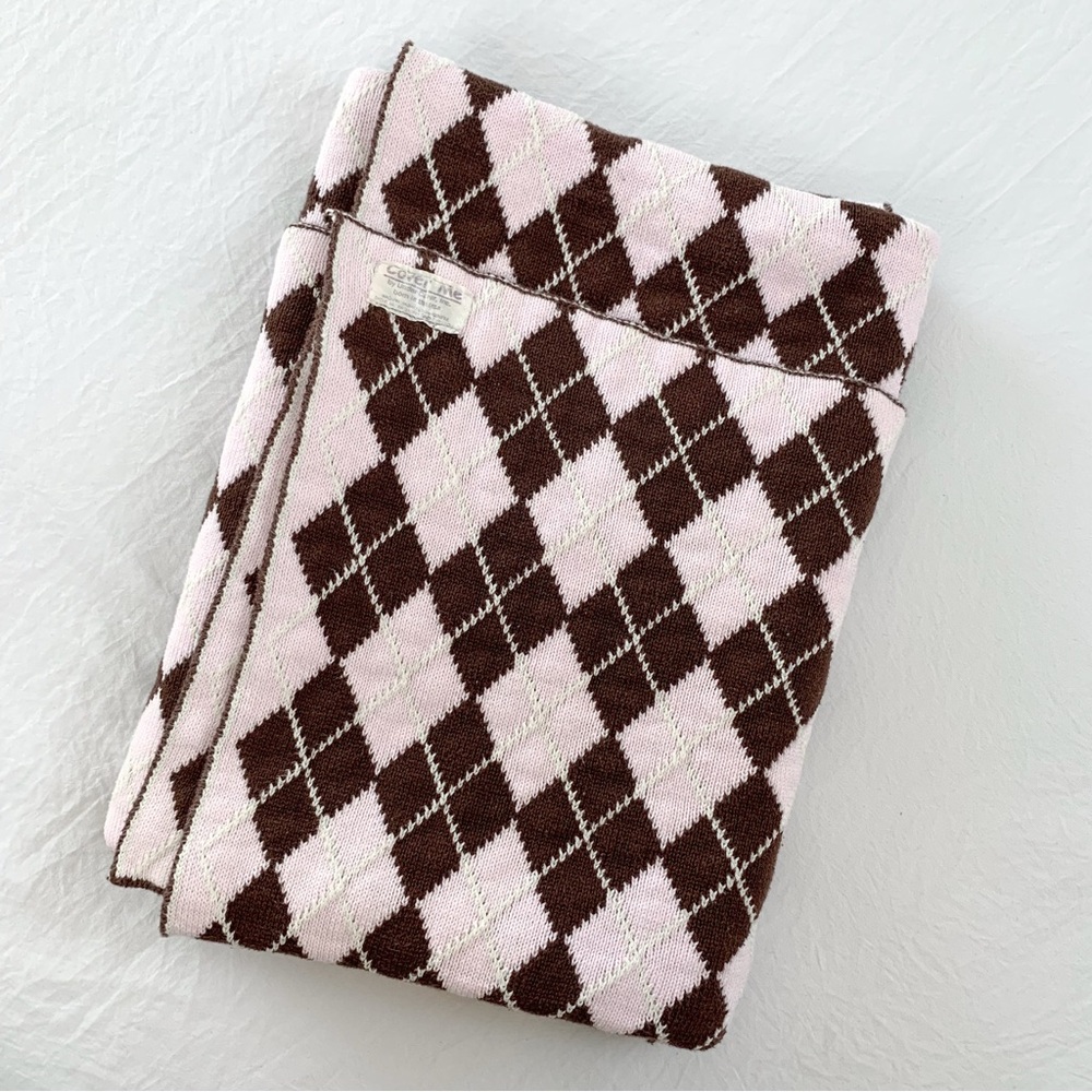 Vintage Cover Me blanket by Under Cover pink brown argyle plaid knit throw
